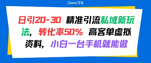 日引 20-30 精准引流私域新玩法，转化率50% 高客单虚拟资料，小白一台手机就能做-云网创