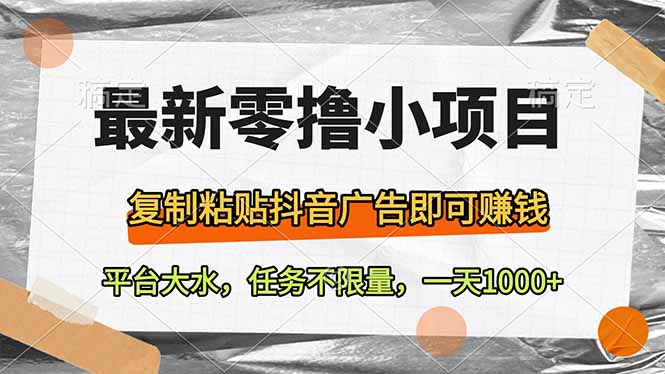 最新零撸小项目，复制粘贴抖音广告即可赚钱，平台大水，任务不限量，一…-云网创