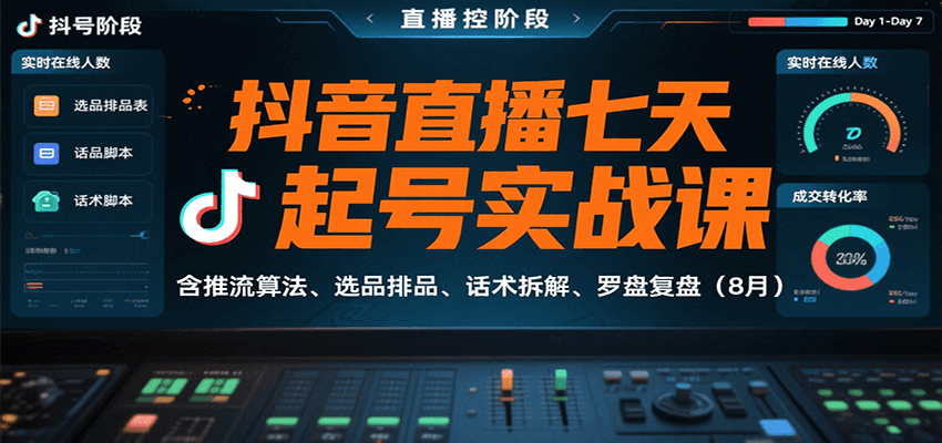 抖音直播七天起号实战课：含推流算法、选品排品、话术拆解、罗盘复盘(8月)-云网创