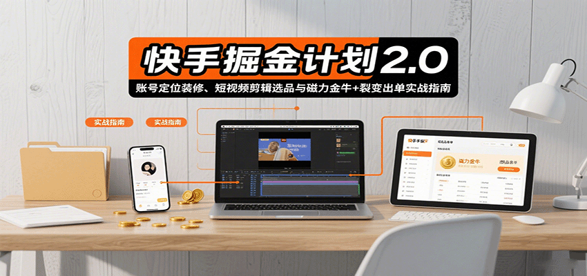 快手掘金计划2.0，账号定位装修、短视频剪辑选品与磁力金牛+裂变出单实战指南-云网创