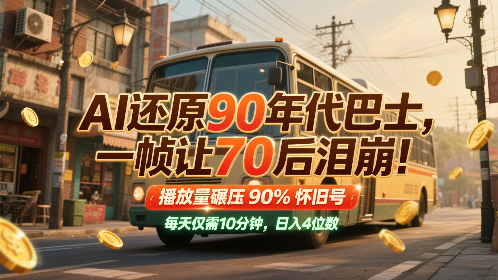 AI还原90年代巴士，一帧让70后泪崩！播放量碾压90%怀旧号，每天10分钟，日入4位数-云网创